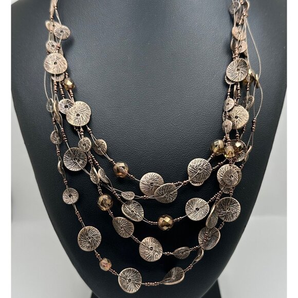 Chico's Necklace 5 Strands Round Copper Colored Beads Clear Gold Tone Beads 20" - Picture 3 of 10